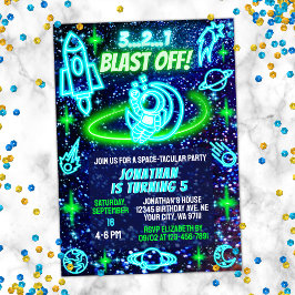 ブルーグリーンネオンアウター白熱［赤熱］光を放つスペースボーイズ誕生日 招待状