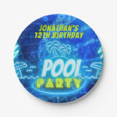 ブルーグリーンネオン白熱［赤熱］光を放つボーイズ誕生日プールパーティー ペーパープレート (正面)