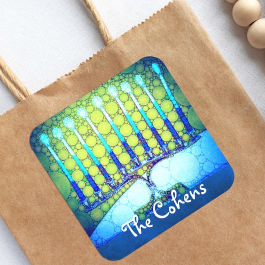 ブルーグリーンハヌカー(ユダヤ教)メノラー名前スクリプトの追加 スクエアシール