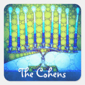 ブルーグリーンハヌカー(ユダヤ教)メノラー名前スクリプトの追加 スクエアシール (正面)