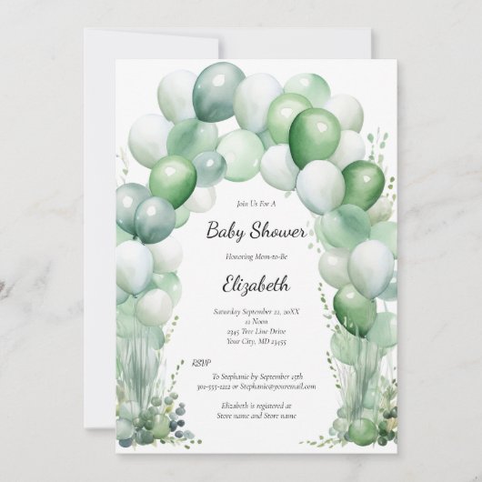 ブルーグリーンバルーンフローラ男の赤ちゃんベビーシャワー 招待状 (正面)