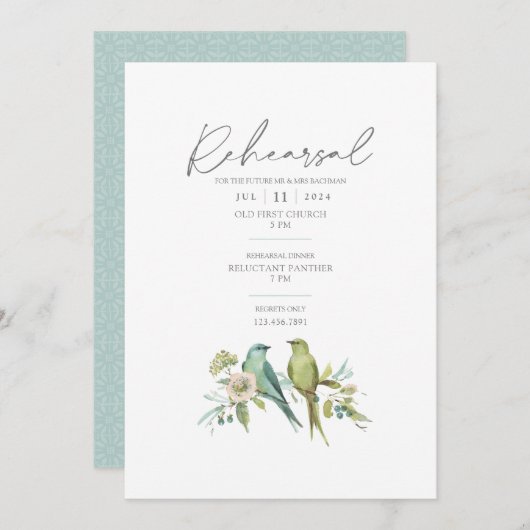 ブルーグリーンバード植物水結婚色 招待状 (正面/裏面)