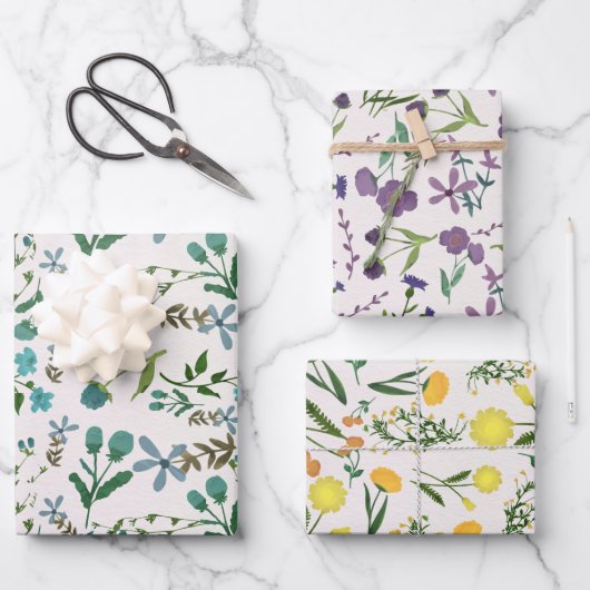 ブルーグリーンパープルオレンジイエローフローラ水彩 ラッピングペーパーシート (正面)