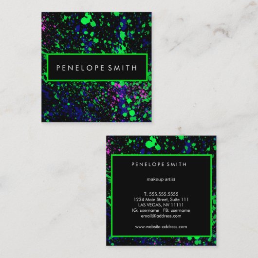 ブルーグリーンピンクブラック絵を描(ばちゃばちゃ)跳ねるメークアップアーティスト スクエア名刺 (正面/裏面)