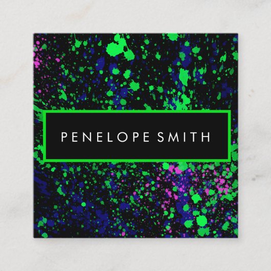 ブルーグリーンピンクブラック絵を描（ばちゃばちゃ）跳ねるメークアップアーティスト スクエア名刺 (正面)