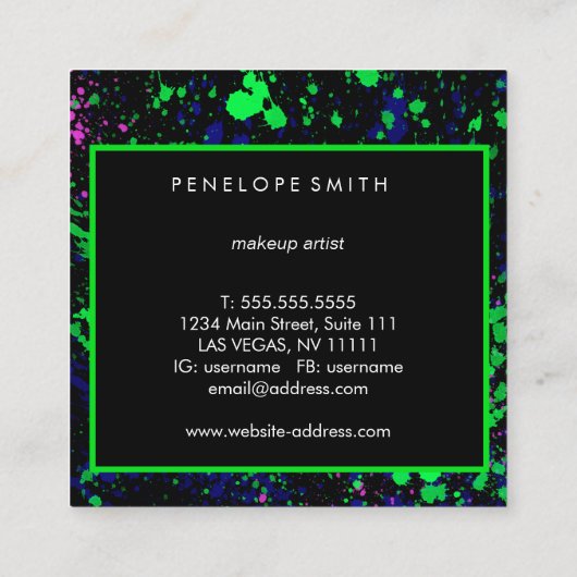 ブルーグリーンピンクブラック絵を描(ばちゃばちゃ)跳ねるメークアップアーティスト スクエア名刺 (裏面)