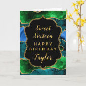 ブルーグリーンピーコックアゲートスウィート16ハッピーバースデー カード (黄色い花)