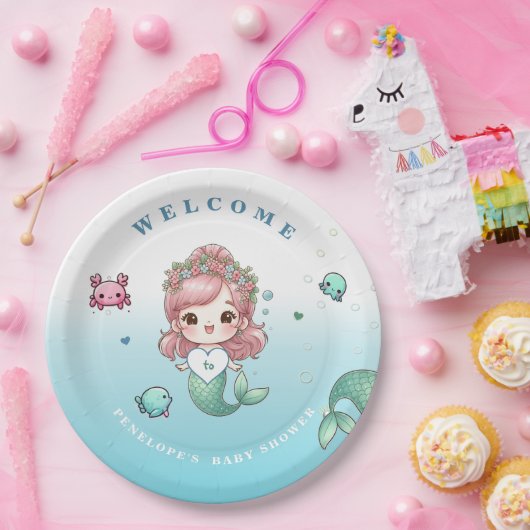 ブルーグリーンピーチピンクかわいい人魚の赤ちゃんシャワー ペーパープレート (パーティー)