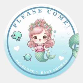 ブルーグリーンピーチピンクかわいい人魚の赤ちゃんシャワー ラウンドシール