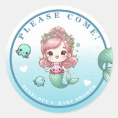 ブルーグリーンピーチピンクかわいい人魚の赤ちゃんシャワー ラウンドシール (正面)