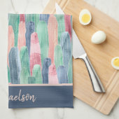 ブルーグリーンピーチ水色のサボテン模様 キッチンタオル (四つ折り)