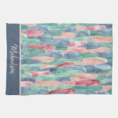 ブルーグリーンピーチ水色のサボテン模様 キッチンタオル (横)