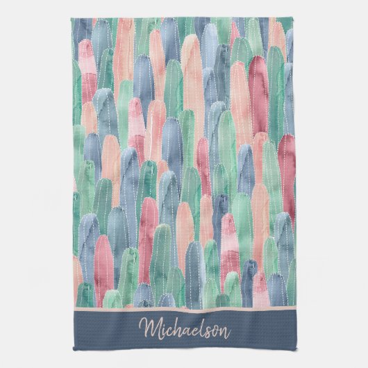 ブルーグリーンピーチ水色のサボテン模様 キッチンタオル (縦)
