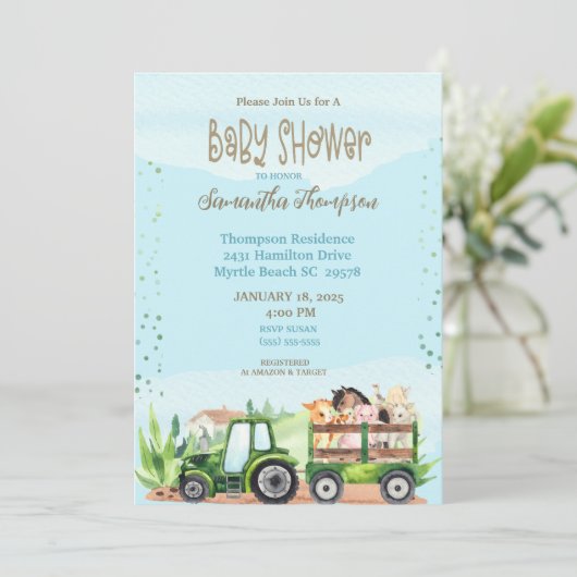 ブルーグリーンファームトラクターボーイズベビーシャワー 招待状 (スタンド正面)