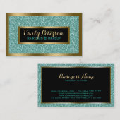 ブルーグリーンフェイクグリッター金ゴールドアクセント 名刺 (正面/裏面)