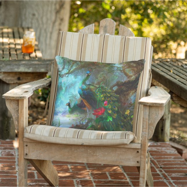ブルーグリーンフェザーピーコックバードフラワーパティオ アウトドアクッション (椅子)