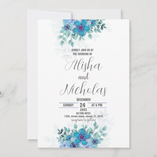 ブルーグリーンフラワー結婚式招待状 招待状 (正面)