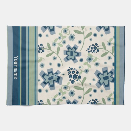 ブルーグリーンフローラおもしろいシックパーソナライズされた名 キッチンタオル (横)
