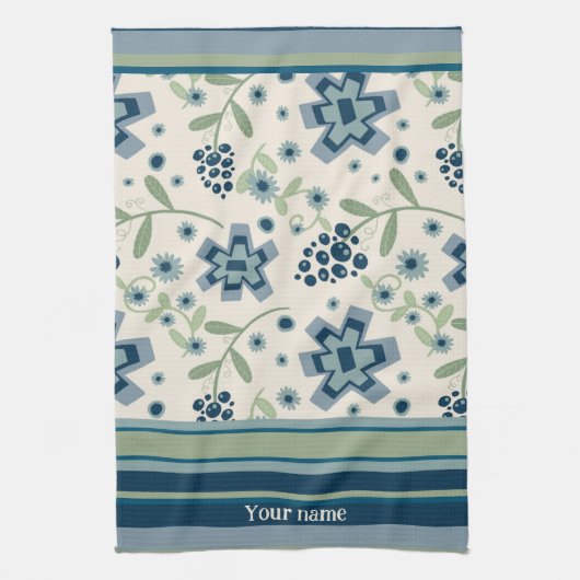 ブルーグリーンフローラおもしろいシックパーソナライズされた名 キッチンタオル (縦)