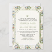 ブルーグリーンフローライカットアナンドカラジシーク結婚ズ 招待状 (正面)