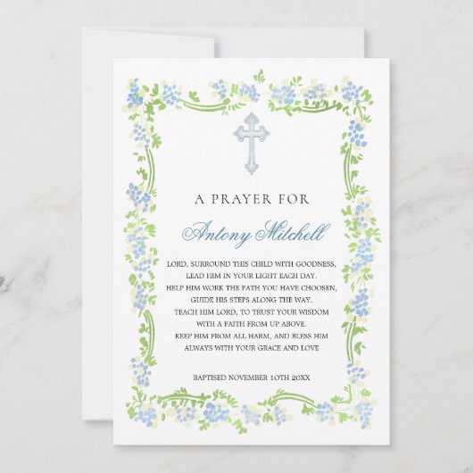 ブルーグリーンフローラクロスバプテスマ祈りの言葉招待状 招待状 (正面)