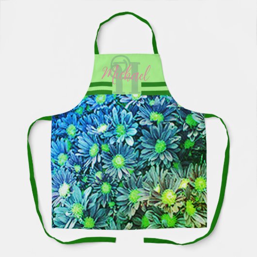 ブルーグリーンフローラモノグラムのシェフエプロンウーメン エプロン (正面)