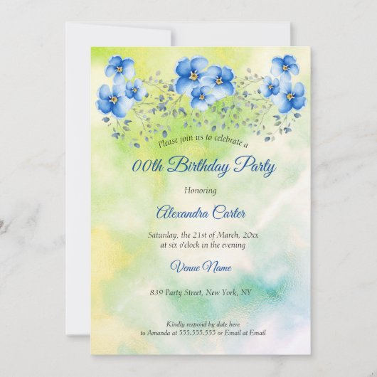 ブルーグリーンフローラ水彩誕生日パーティー 招待状 (正面)