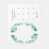 ブルーグリーンフローラ葉ベビーマイルストーンボーイベビー フリースブランケット (正面)