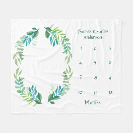 ブルーグリーンフローラ葉ベビーマイルストーンボーイベビー フリースブランケット