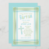ブルーグリーンプレイドクロスカトリック洗礼招待状 招待状 (正面/裏面)