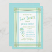 ブルーグリーンプレイドラトルベイビーシャワー招待状 招待状 (正面/裏面)