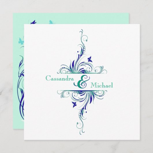 ブルーグリーンホワイトアクアフローラ結婚式招待状 招待状 (正面/裏面)