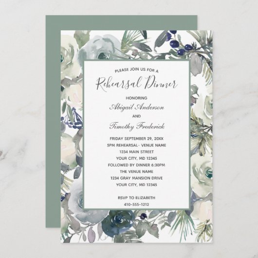 ブルーグリーンホワイトフローラエレガントリハーサルディナーI 招待状 (正面/裏面)