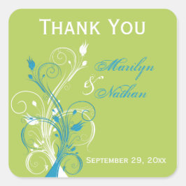 ブルーグリーンホワイトフローラ1.5インチ結婚式の引き出物ステッカー スクエアシール