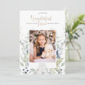 ブルーグリーンホワイト冬のフローラ写真クリスマス 招待状 (スタンド正面)