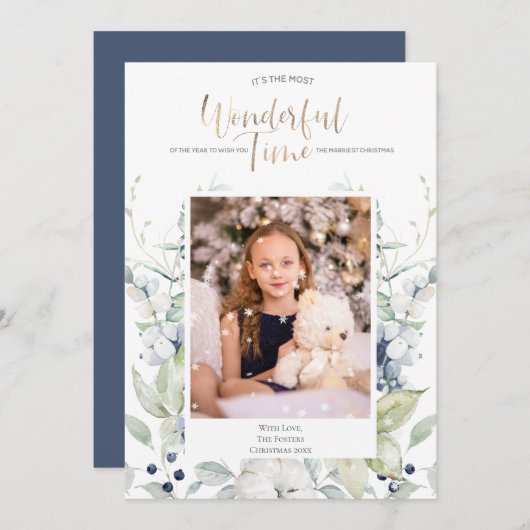 ブルーグリーンホワイト冬のフローラ写真クリスマス 招待状 (正面/裏面)