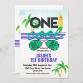 ブルーグリーンボーイズデカッコいいッドファーストバースデー招待状 招待状 (正面/裏面)