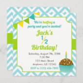 ブルーグリーンボーイハーフ誕生日フォト招待状 招待状 (正面/裏面)
