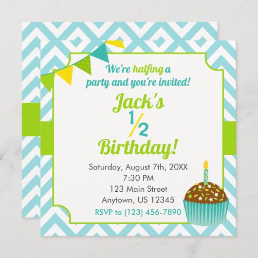 ブルーグリーンボーイハーフ誕生日フォト招待状 招待状 (正面/裏面)