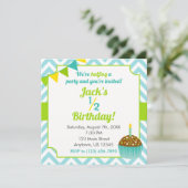 ブルーグリーンボーイハーフ誕生日フォト招待状 招待状 (スタンド正面)