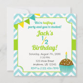 ブルーグリーンボーイハーフ誕生日フォト招待状 招待状 (正面)