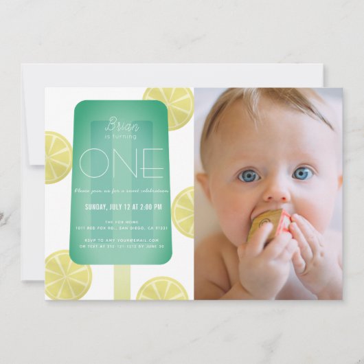 ブルーグリーンポプシクル少年の写真1st誕生日 招待状 (正面)