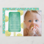 ブルーグリーンポプシクル少年の写真1st誕生日 招待状 (正面/裏面)