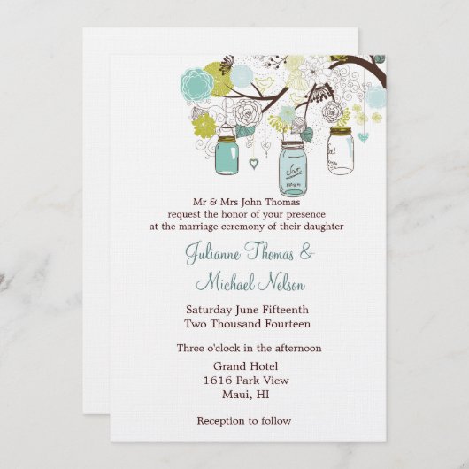 ブルーグリーンメイソンジャースフラワーズ結婚ズ 招待状 (正面/裏面)