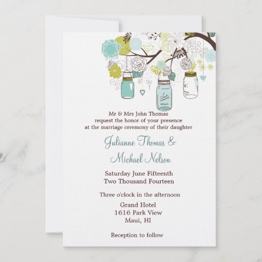 ブルーグリーンメイソンジャースフラワーズ結婚ズ 招待状 (正面)