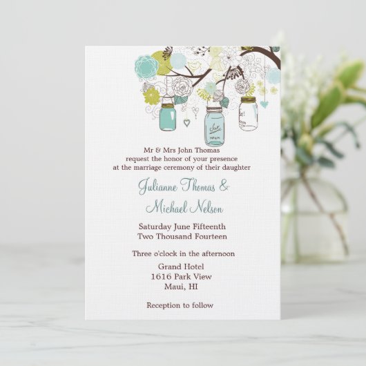 ブルーグリーンメイソンジャースフラワーズ結婚ズ 招待状 (スタンド正面)