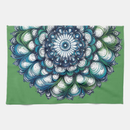 ブルーグリーンメダリオン – 抽象芸術 キッチンタオル