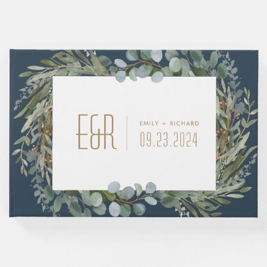 ブルーグリーンユーカリプトゥスフレーム金ゴールドオンホワイト ゲストブック (正面)