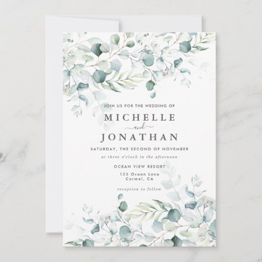 ブルーグリーンユーカリプトゥスブーケ結婚式招待状 招待状 (正面)