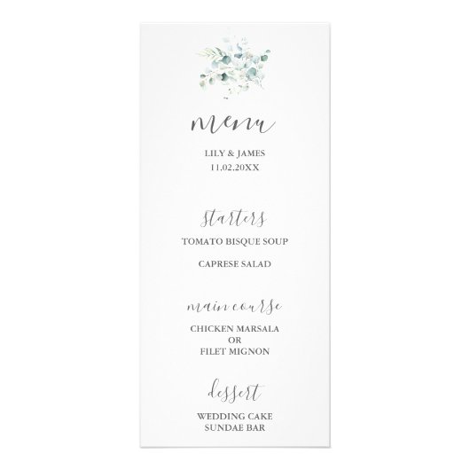 ブルーグリーンユーカリ結婚ブーケのメニュー ラックカード (正面)